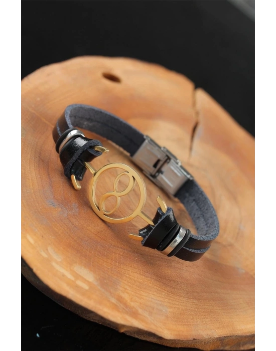 BFS Gold Renk Sonsuzluklu Metal Aksesuarlı Siyah Renk Deri Erkek Bileklik