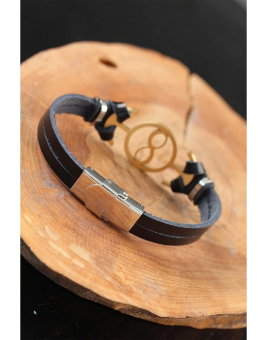 BFS Gold Renk Sonsuzluklu Metal Aksesuarlı Siyah Renk Deri Erkek Bileklik