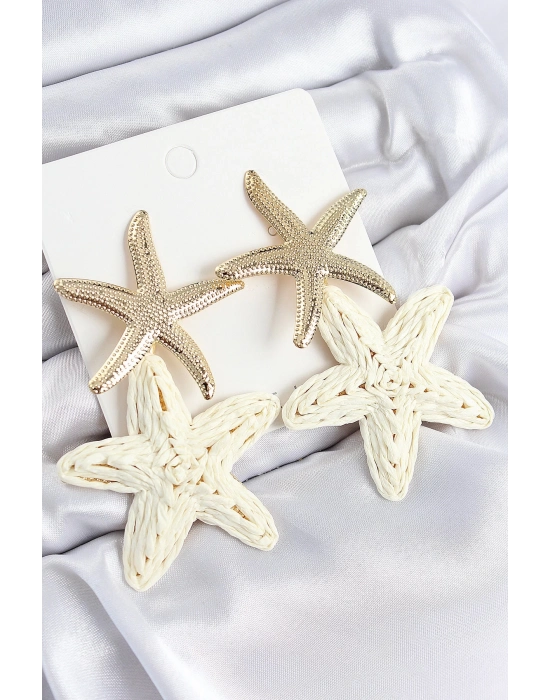 Bfs Pirinç Sallantılı Krem Deniz Yıldızı Model Gold Renk Hasır Küpe