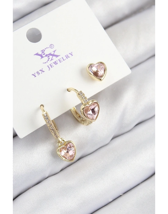 Bfs Pirinç Zirkon Taşlı 3Lü Pembe Kalp Model Gold Renk Kadın Küpe