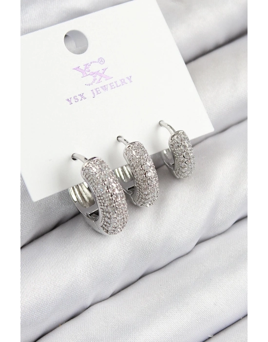 Bfs Pirinç Zirkon Taşlı 3Lü Halka Model Gümüş Renk Kadın Küpe