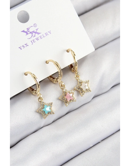 Bfs Pirinç Zirkon Taşlı 3Lü Renkli Yıldız Model Gold Renk Kadın Küpe