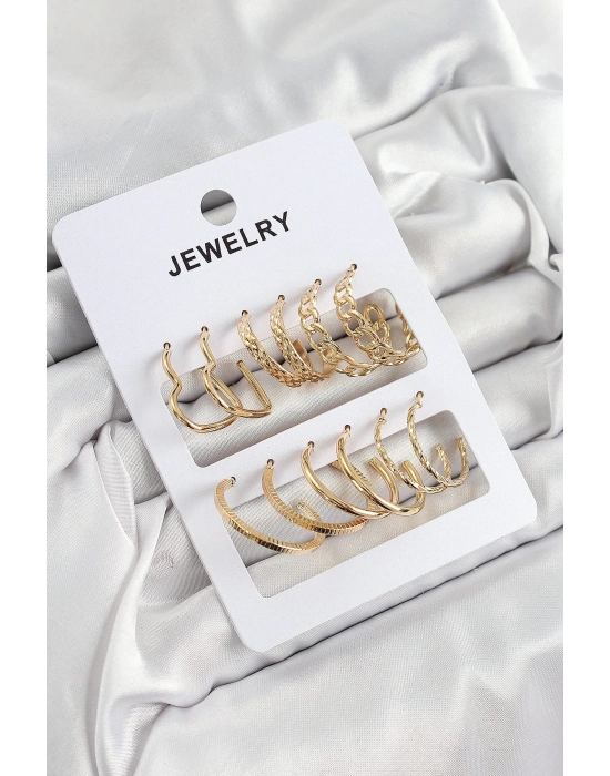 Bfs Pirinç Karışık Halka Model Gold Renk 6 Çift Kadın Küpe Set