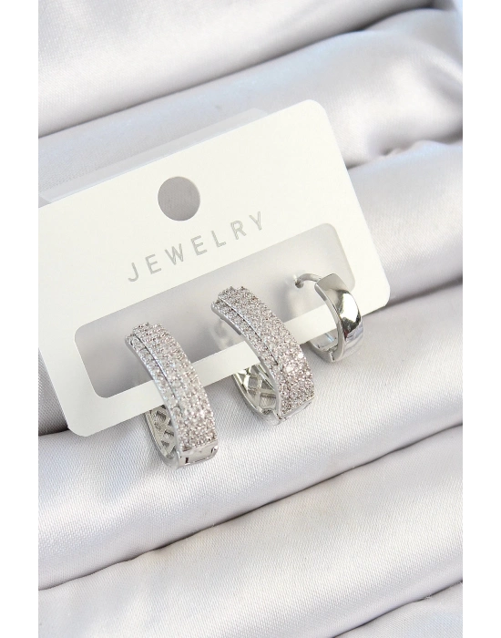 Bfs Pirinç Zirkon Taşlı Damla Model Gümüş Renk 3Lü Çift Kadın Küpe Set