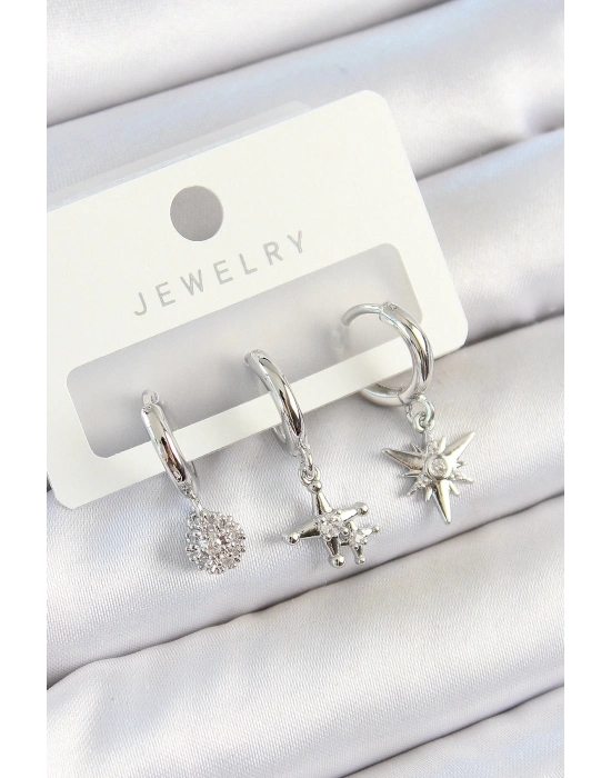 Bfs Pirinç Zirkon Taşlı Kutup Yıldızı Model Gümüş Renk 3Lü Çift Kadın Küpe Set