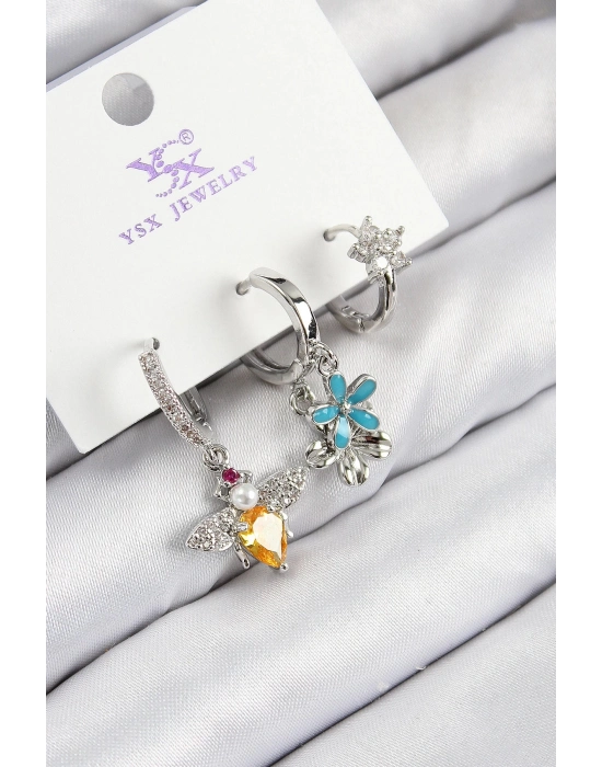 Bfs Pirinç Zirkon Taşlı 3Lü Arı Ve Çiçek Model Gümüş Renk Kadın Küpe