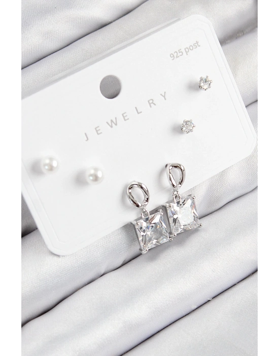 Bfs Pirinç Zirkon Taşlı Sallantılı Kare Model Gümüş Renk 925 Ayar Gümüş Çivi Kadın Küpe Set