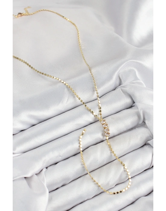 Bfs Pirinç Zirkon Taşlı Ezme Zincirli Model Gold Renk Y Kolye