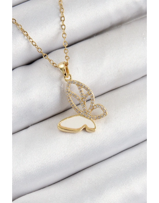 Bfs 316L Çelik Zirkon Taşlı Kelebek Model Gold Renk Kadın Kolye