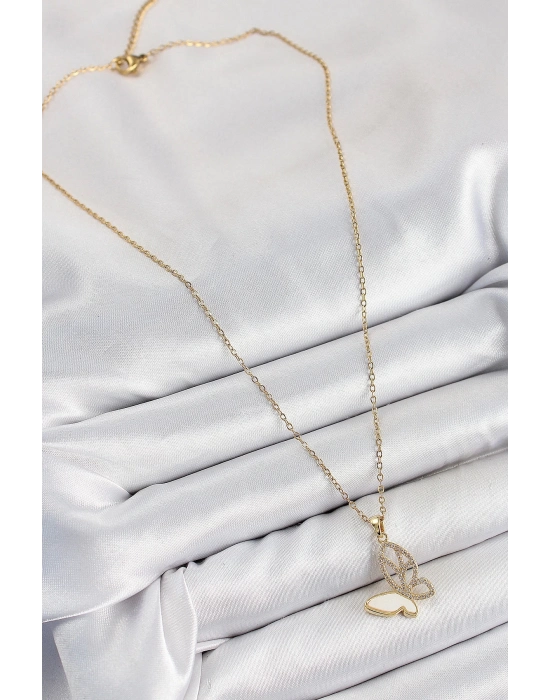 Bfs 316L Çelik Zirkon Taşlı Kelebek Model Gold Renk Kadın Kolye