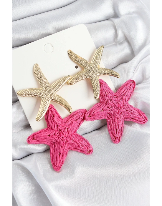 Bfs Pirinç Sallantılı Pembe Deniz Yıldızı Model Gold Renk Hasır Küpe