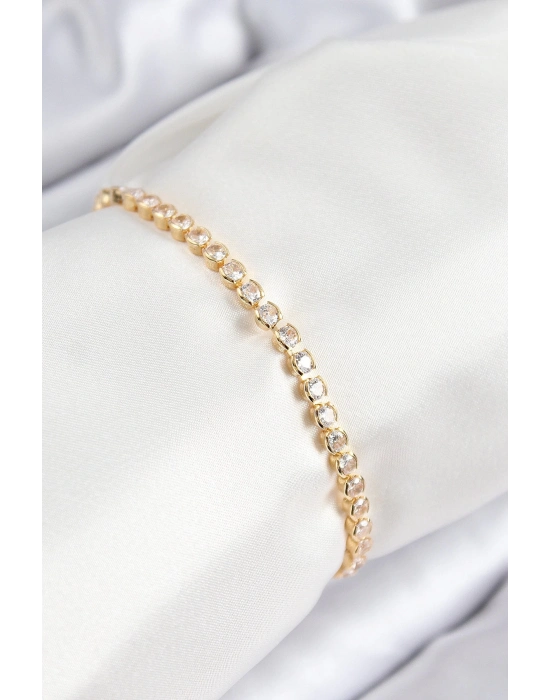 Bfs Pirinç Zirkon Taşlı Sıralı Model Gold Renk Asansörlü Kadın Bileklik