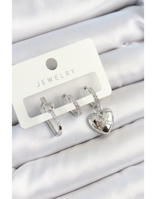 Bfs Pirinç Zirkon Taşlı Kalp Model Gümüş Renk 3Lü Çift Kadın Küpe Set