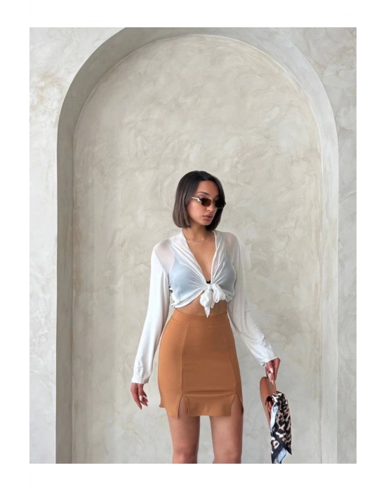 Çift Yırtmaçlı Etek Camel S25910