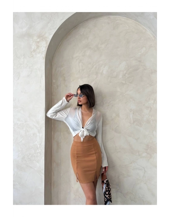 Çift Yırtmaçlı Etek Camel S25910