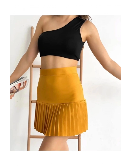 Altı pliseli mini etek hardal s24705