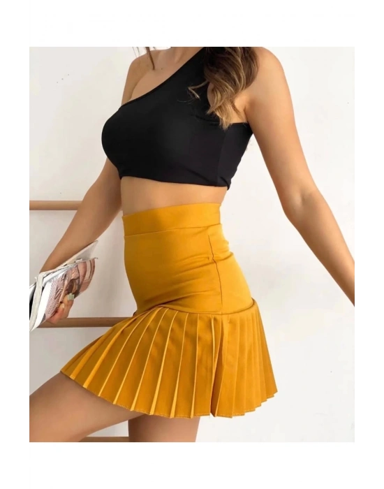 Altı pliseli mini etek hardal s24705