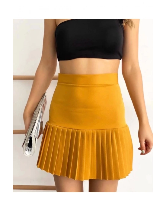 Altı pliseli mini etek hardal s24705