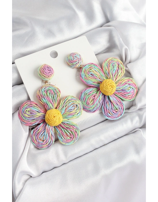 Bfs Pirinç Rainbow Papatya Model Gold Renk Kadın Hasır Küpe