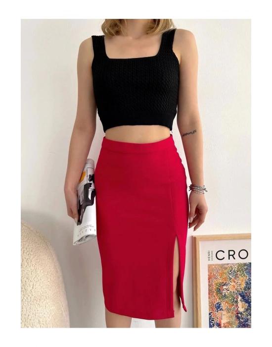 Yırtmaçlı Esnek Kumaş Midi Boy Etek Koyu Kırmızı