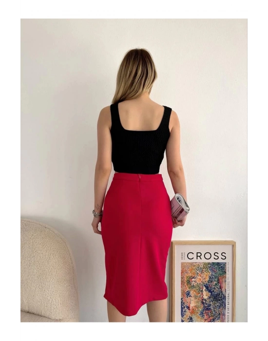 Yırtmaçlı Esnek Kumaş Midi Boy Etek Koyu Kırmızı