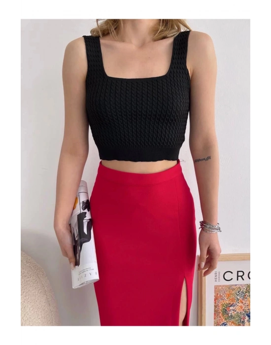 Yırtmaçlı Esnek Kumaş Midi Boy Etek Koyu Kırmızı