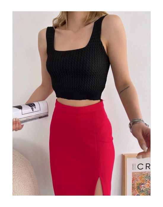 Yırtmaçlı Esnek Kumaş Midi Boy Etek Koyu Kırmızı