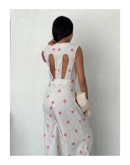 gl00my Beyaz Tulum Sırt Dekolteli Keten Tulum