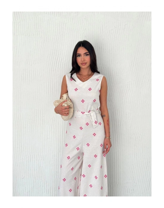 gl00my Beyaz Tulum Sırt Dekolteli Keten Tulum