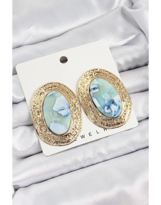 Bfs Pirinç Mermer Desenlli Mavi Oval Vintage Model Gold Renk Kadın Küpe