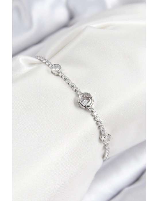 BFS Pirinç Zirkon Taşlı Daire Model Gümüş Renk Asansörlü Kadın Bileklik