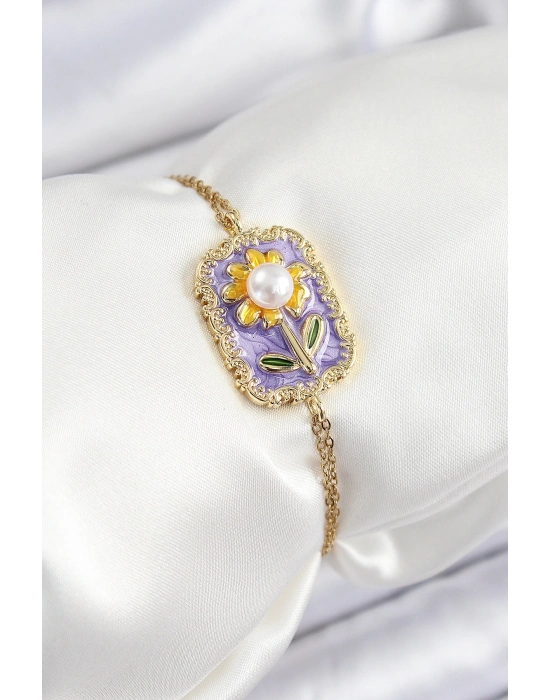 316L Çelik Zincir Mor Mineli Sanatsal Portre İnci Detaylı Papatya Model Gold Renk Kadın Bileklik