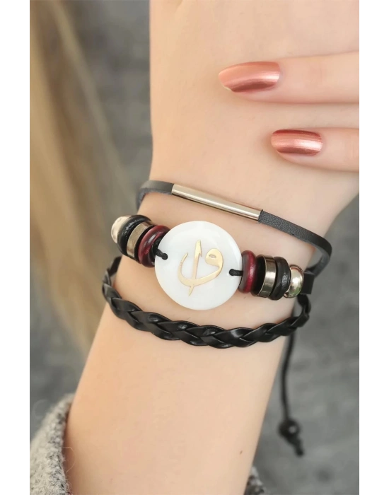 BFS Siyah Renk Elif Vav Tasarım Çoklu Deri Bileklik