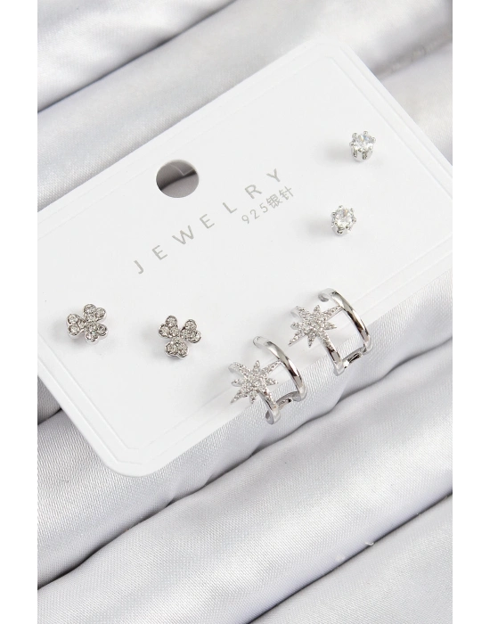 Bfs Pirinç Zirkon Taşlı Kutup Yıldızı Model Gümüş Renk 925 Ayar Gümüş Çivi Kadın Küpe Set