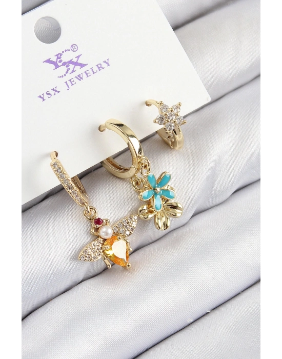 Bfs Pirinç Zirkon Taşlı 3Lü Arı Ve Çiçek Model Gold Renk Kadın Küpe