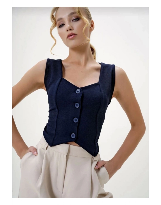 Krep Kumaş Düğmeli Yelek Lacivert S3395