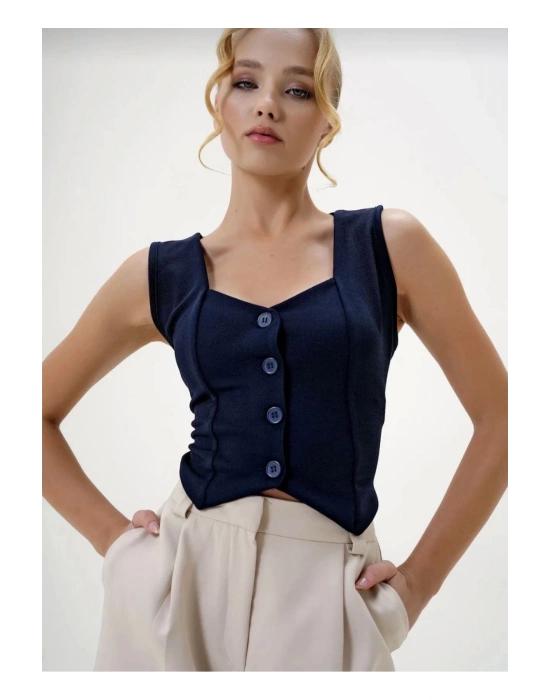 Krep Kumaş Düğmeli Yelek Lacivert S3395