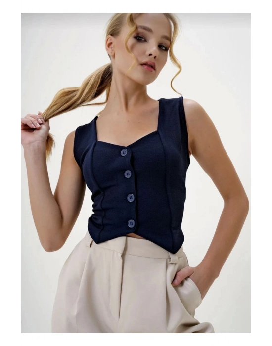 Krep Kumaş Düğmeli Yelek Lacivert S3395