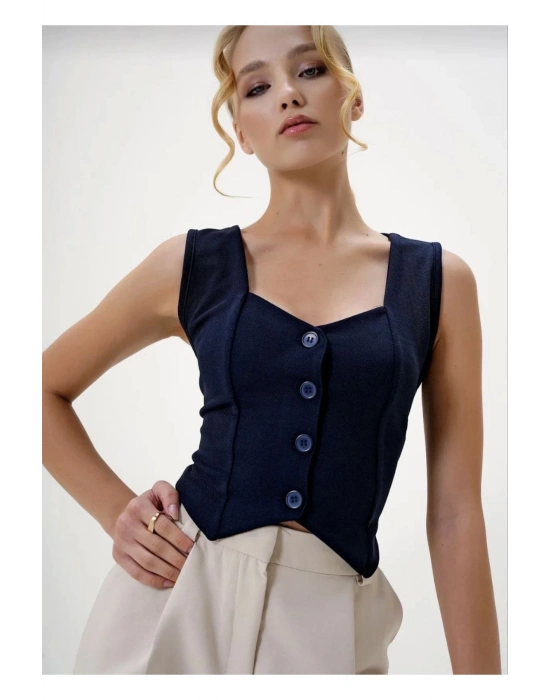 Krep Kumaş Düğmeli Yelek Lacivert S3395