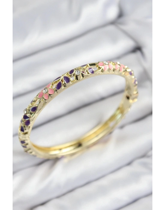 Bfs Mineli Pirinç Zirkon Taşlı Pembe Mor Çiçek Motifli Gold Kadın Kelepçe