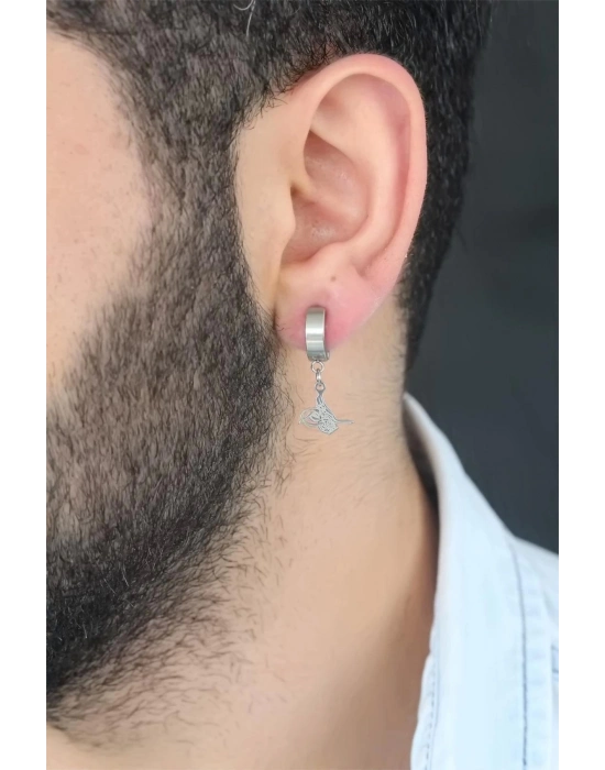 Bfs Silver Renk Kaplama Osmanlı Tuğra Figürlü Kıstırmalı Çelik Erkek Küpe