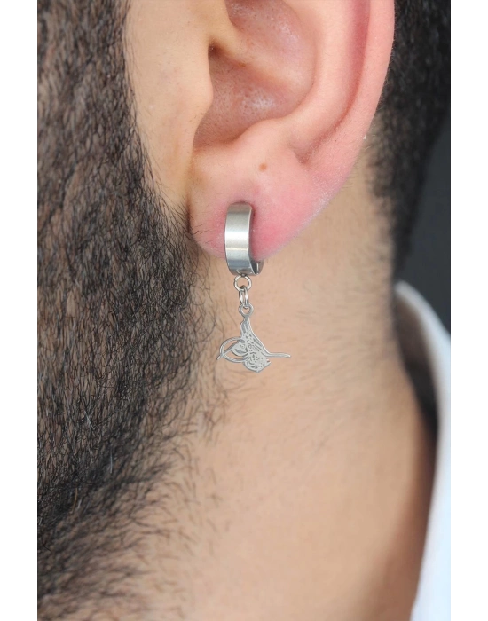 Bfs Silver Renk Kaplama Osmanlı Tuğra Figürlü Kıstırmalı Çelik Erkek Küpe