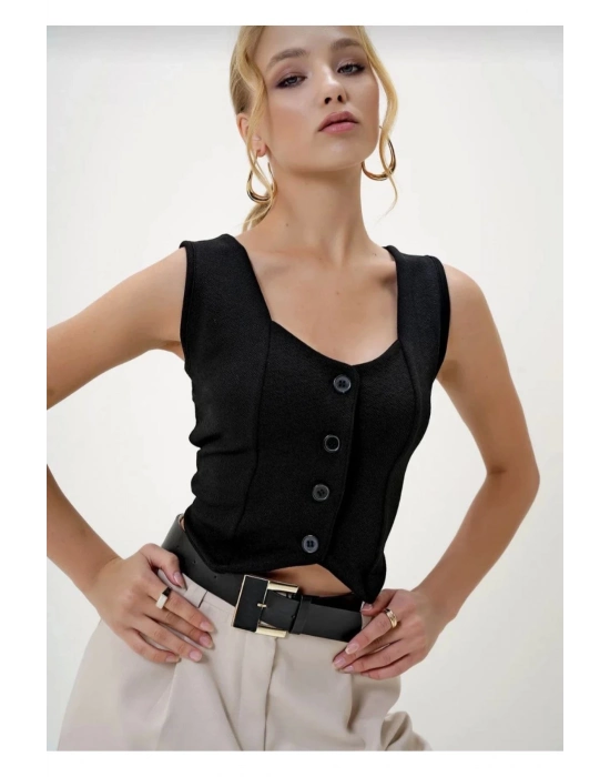 Krep Kumaş Düğmeli Yelek Siyah S3395