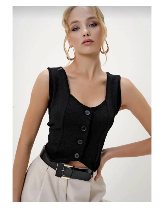 Krep Kumaş Düğmeli Yelek Siyah S3395