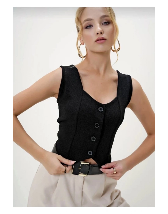Krep Kumaş Düğmeli Yelek Siyah S3395
