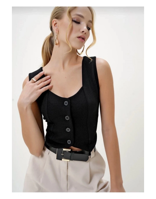 Krep Kumaş Düğmeli Yelek Siyah S3395