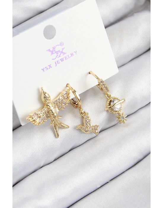 Bfs Pirinç Zirkon Taşlı 3Lü Kuş Model Gold Renk Kadın Küpe