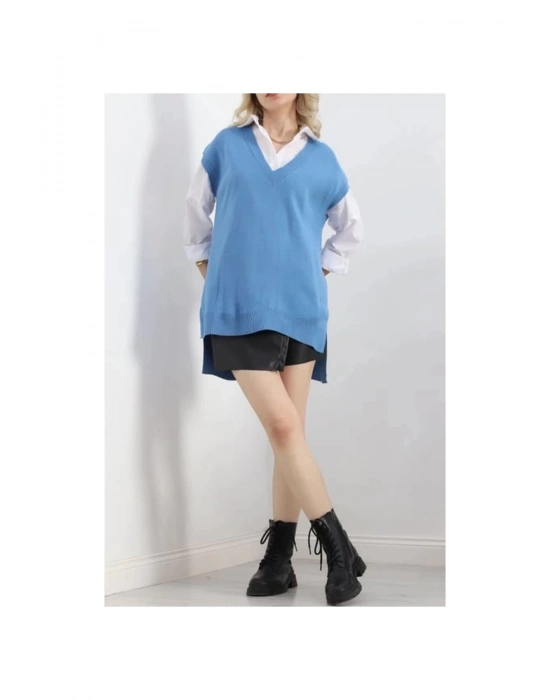 V yaka nefri süveter mavi