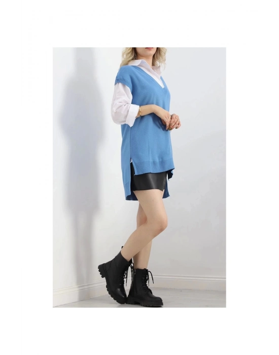 V yaka nefri süveter mavi