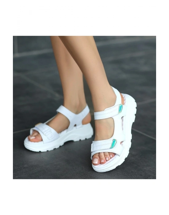 Trita Beyaz Cilt Cırt Cırtlı Sandalet